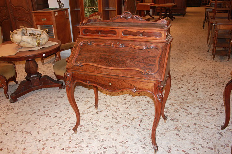 French Louis Philippe style drop-front desk in rosewood with rich carvings