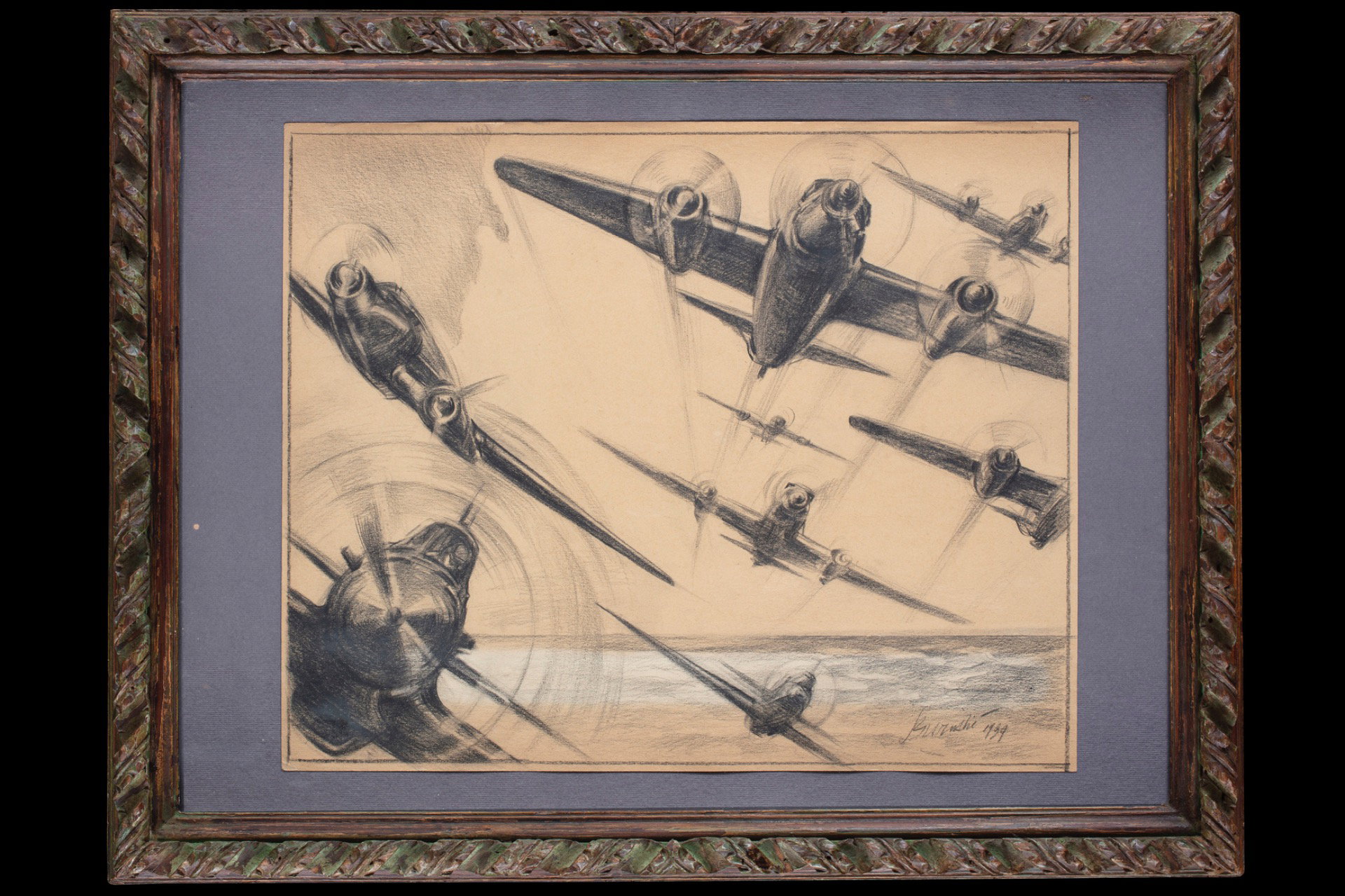 Duilio Barnabè (Bolonia 1914-Alpes franceses, Chamonix-Mont-Blanc 1961), Dibujo representando aviones en vuelo, 1939