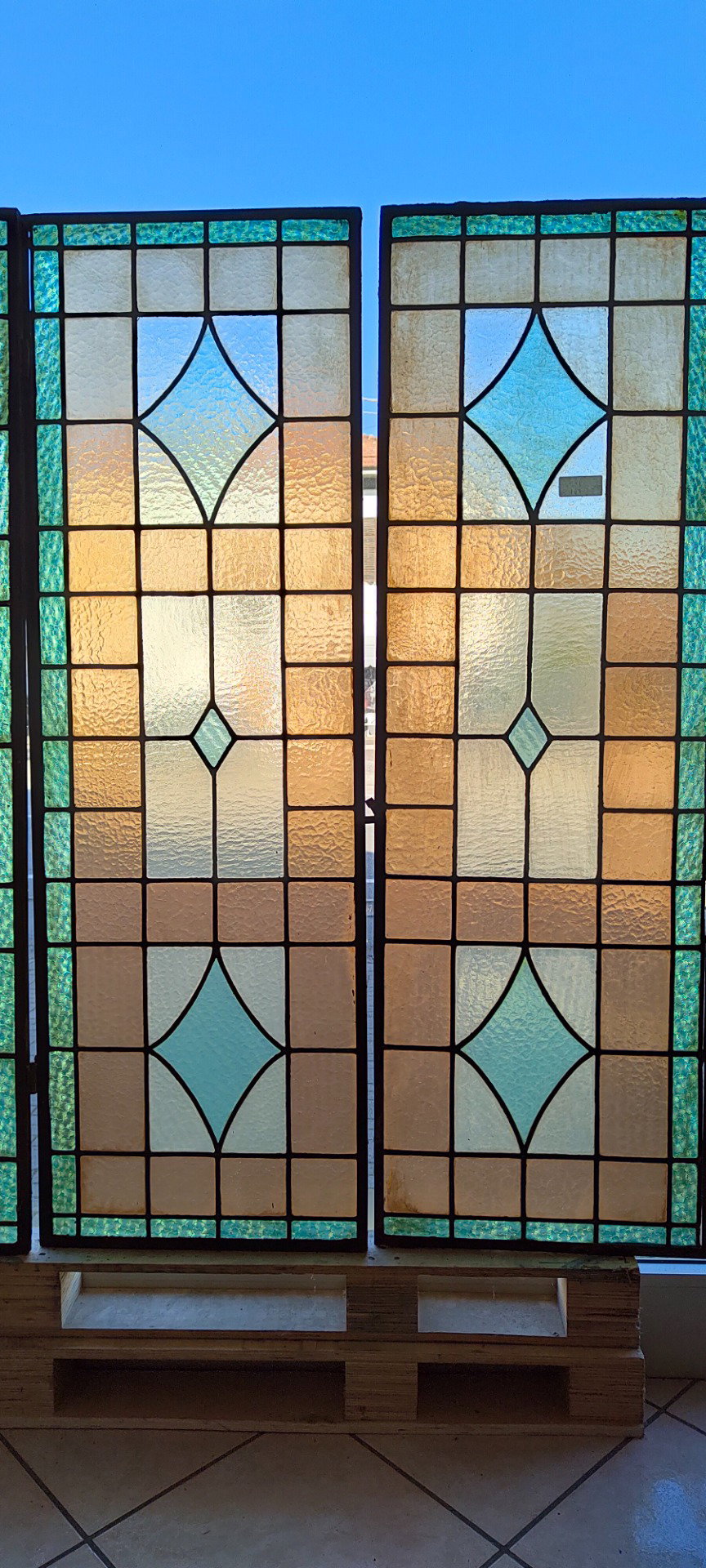 Pair of leaded painted cathedral windows from the early 1900s, 46x141 cm