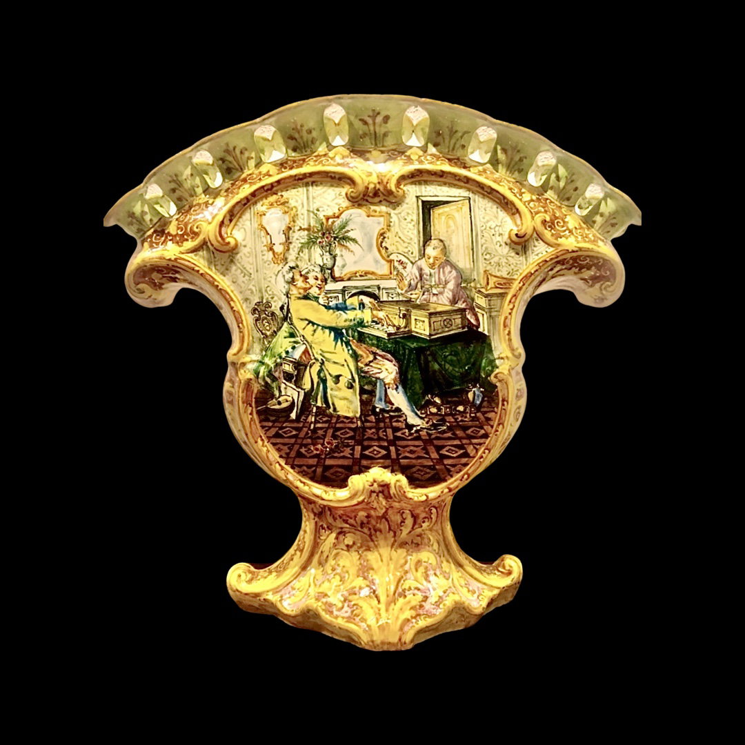 Large majolica tulip vase with 18 flowers, decorated scene with figures, landscape, architecture and rocaille motifs. Minghetti. Bologna.