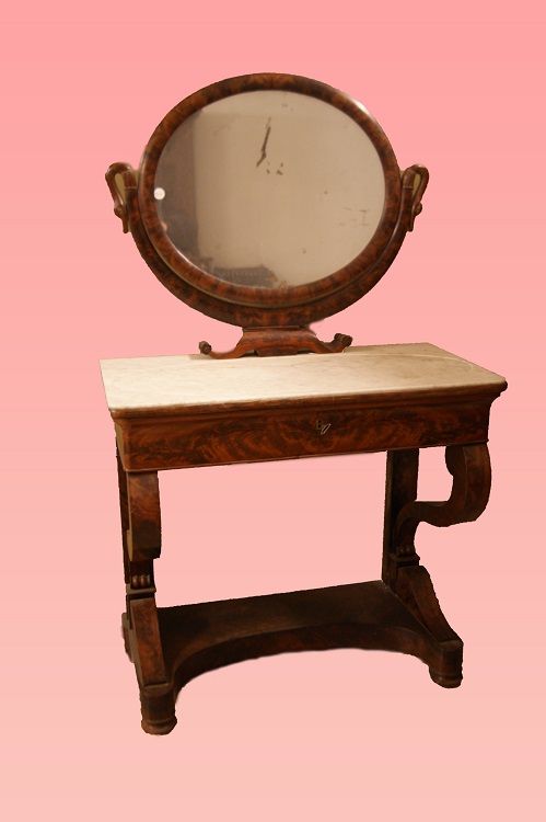 Toilette stile Impero di inizio 1800 con marmo e specchiera oscillante