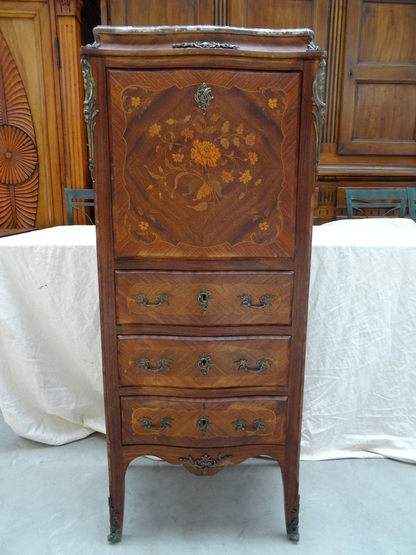 Secretaire bois de rose intarsiato floreale Napoleone III 1880 Francia