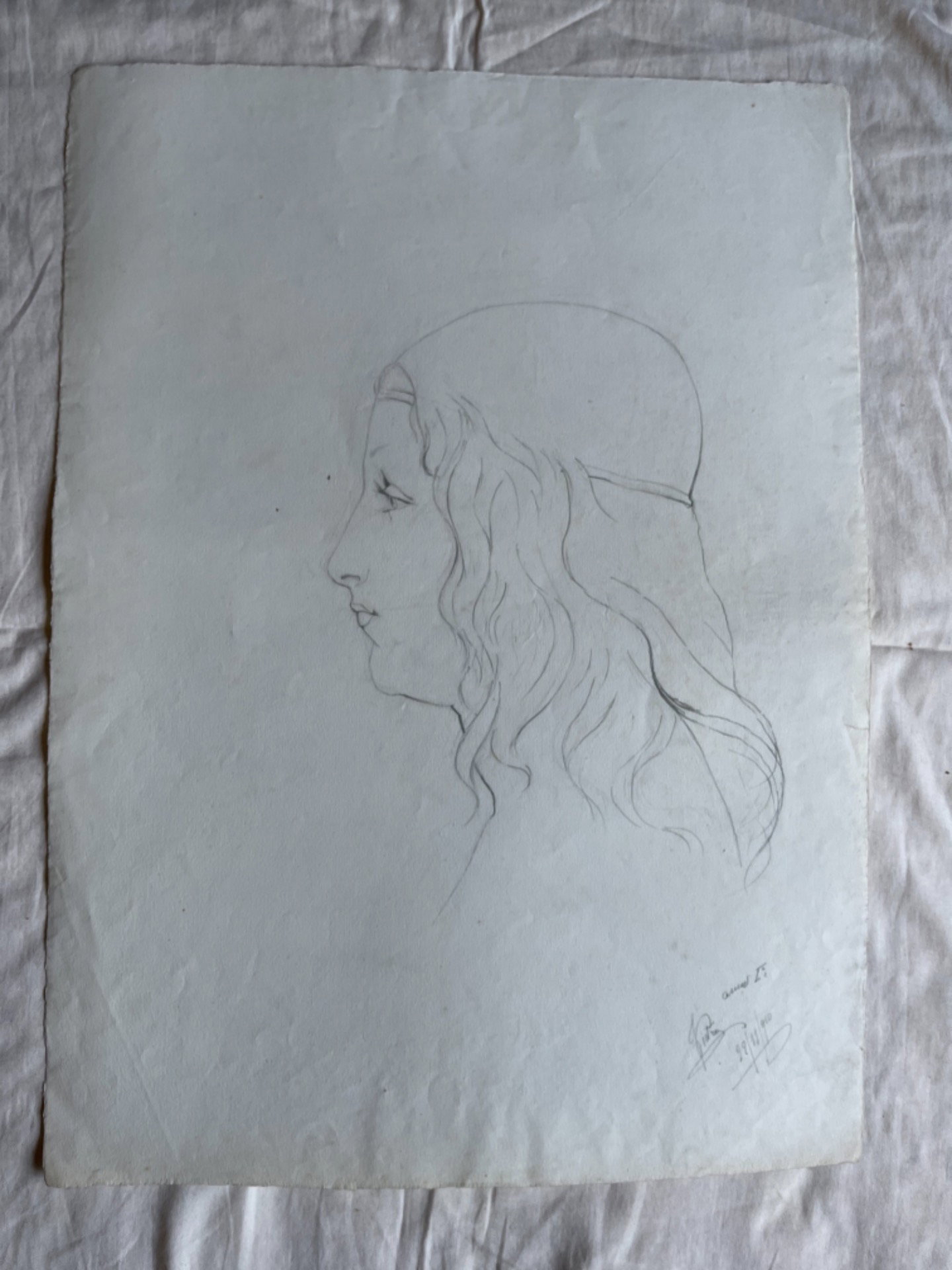 Bleistiftzeichnung auf Papier, Profil einer Frau aus der Renaissance. Arturo Pietra. Bologna. Datum 1900.