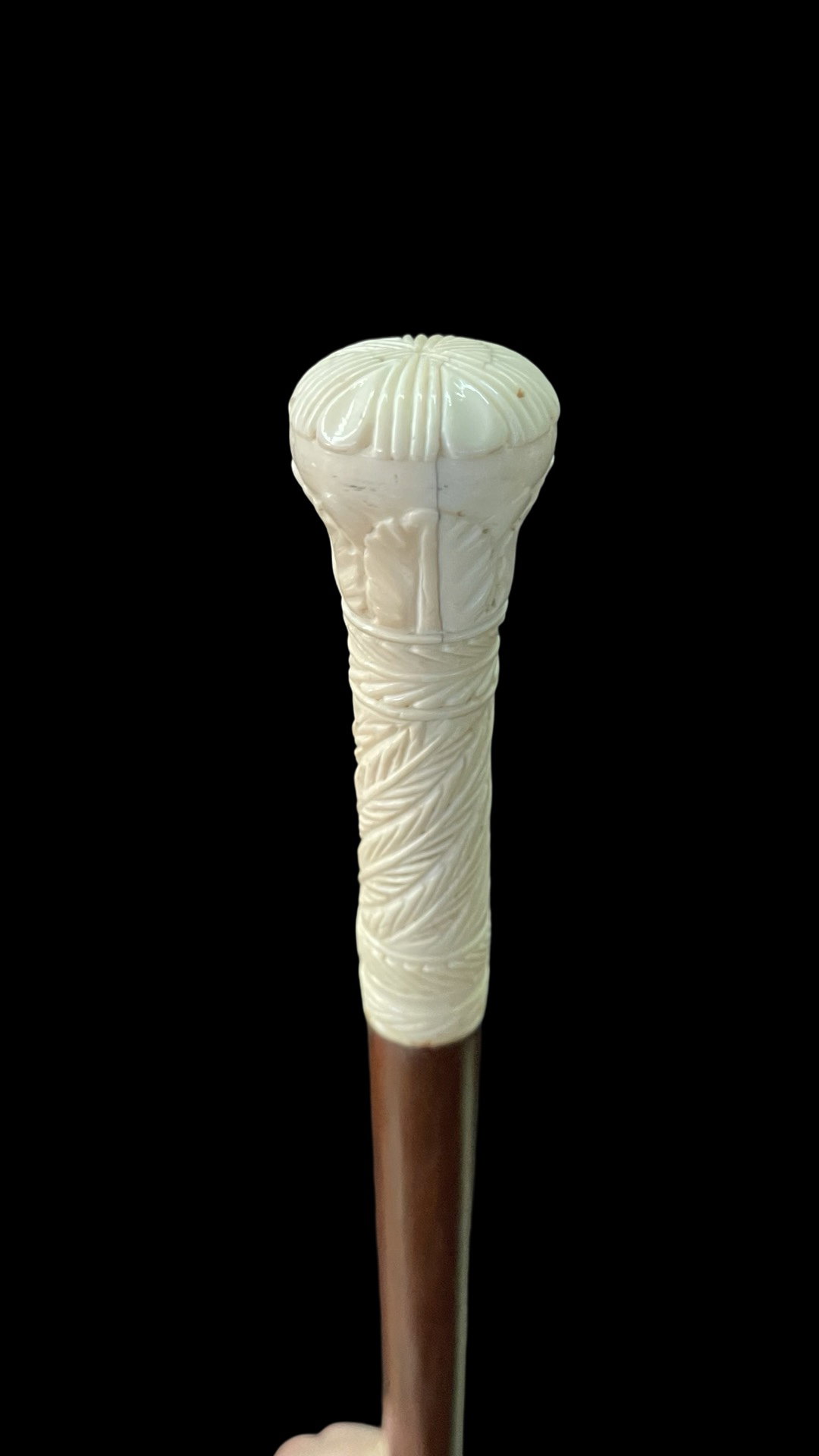 Canne avec pommeau globulaire gravé de motifs végétaux et géométriques stylisés.