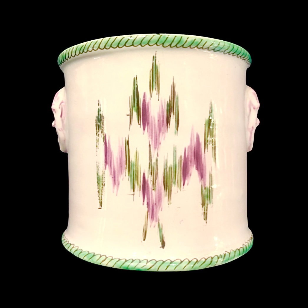 Majolica glass cooler vase with side handles in the shape of masks and 'flame' decoration. Pasquale Rubati. Milan