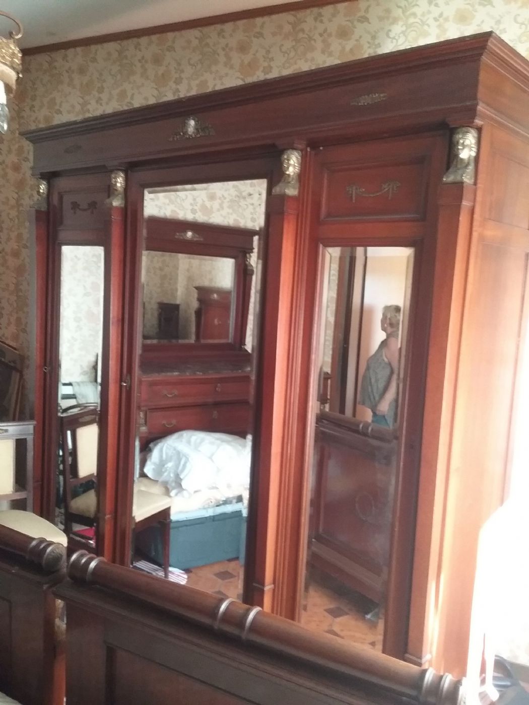 Quarto completo com esfinges de bronze Napoleão III Livornese listrada mogno cômoda cama armário mesinhas de cabeceira penteadeira devolução egito mamo portoro garantia termos da lei