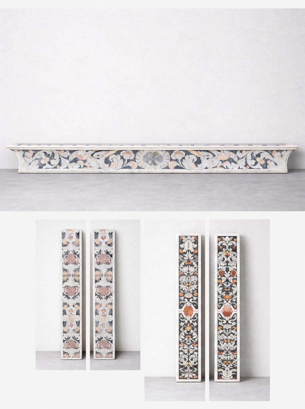 Insieme di cinque elementi in marmo intarsiato. Decorazione detta a "Marmi mischi" Sicilia, metà sec. XVII 