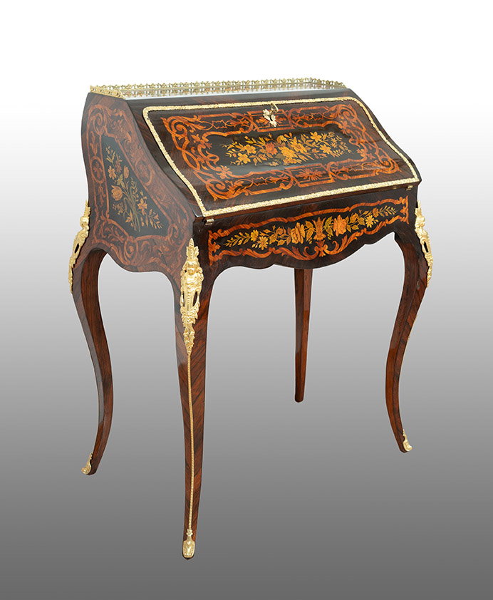 Antique secretaire desk, finely inlaid with gilded bronze applications, 19th century.