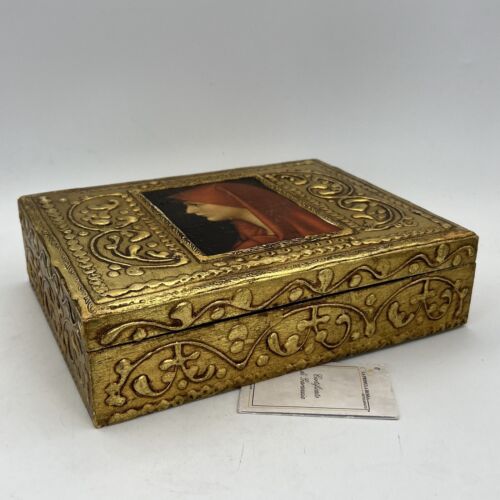 Scatola fiorentina vintage portagioie in legno gesso e oro Santa Fabiola anni 50
