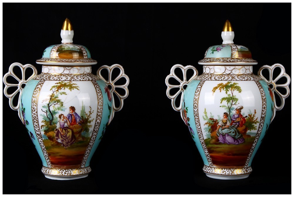 Charming pair of small potiche vases with porcelain lids from the Dresden manufacture of the 1800s