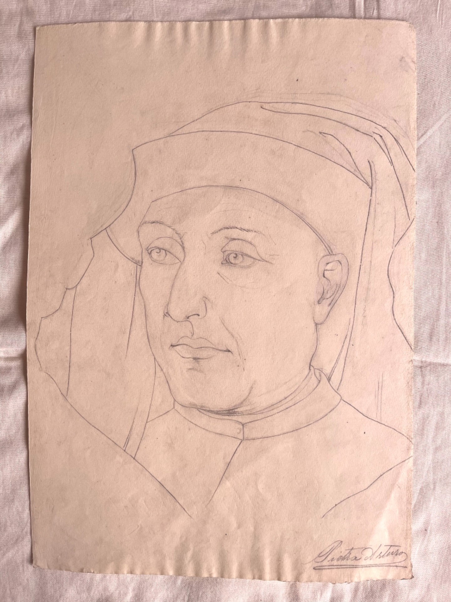 Bleistiftzeichnung auf Papier, Gesicht eines jungen Mannes aus der Renaissance. Arturo Pietra. Bologna.