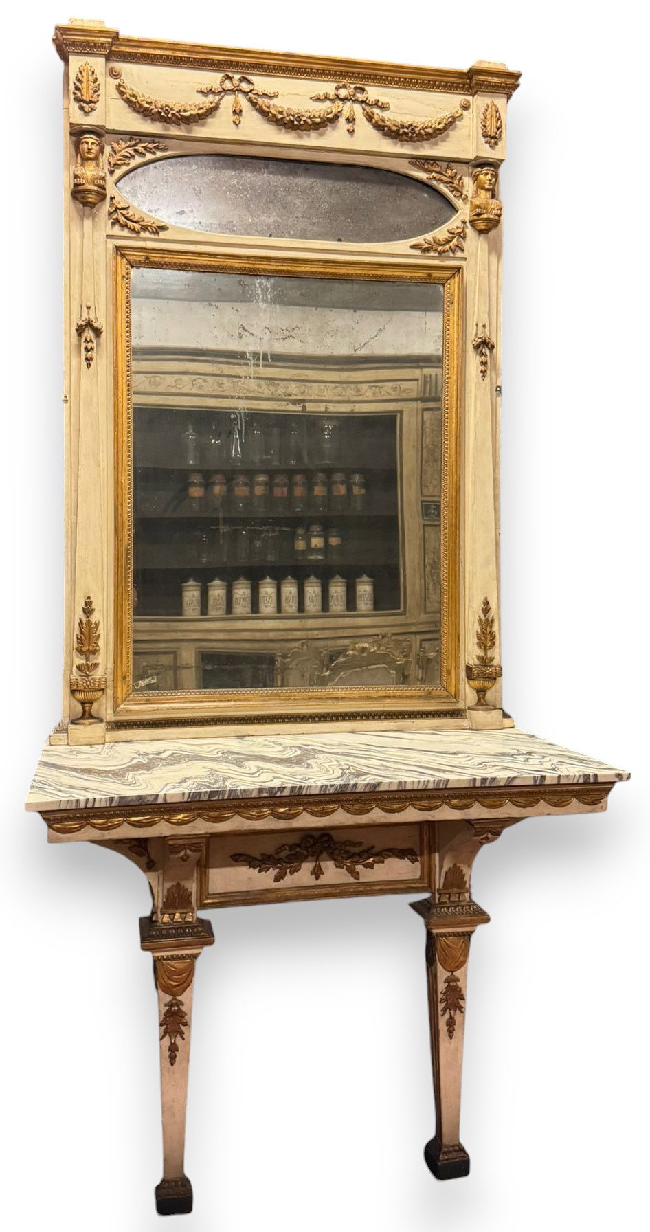 SPECC569 - Consolle con specchiera laccata e dorata, epoca '700, misure cm L 126 x H 276 x P 63