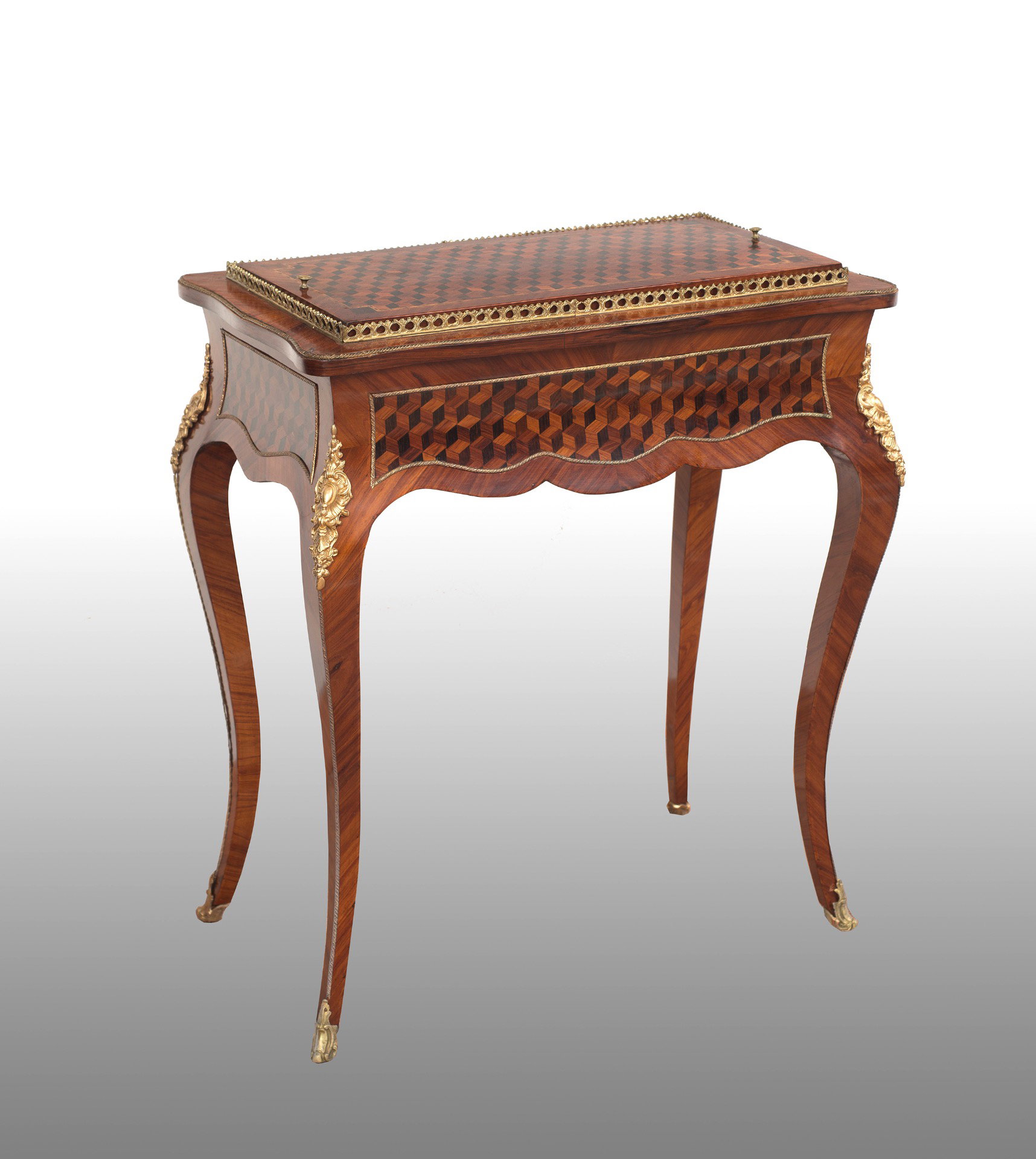Mesa de centro-floreira antiga Napoleão III Francesa em madeiras policromadas com aplicações em bronze dourado do século XIX.