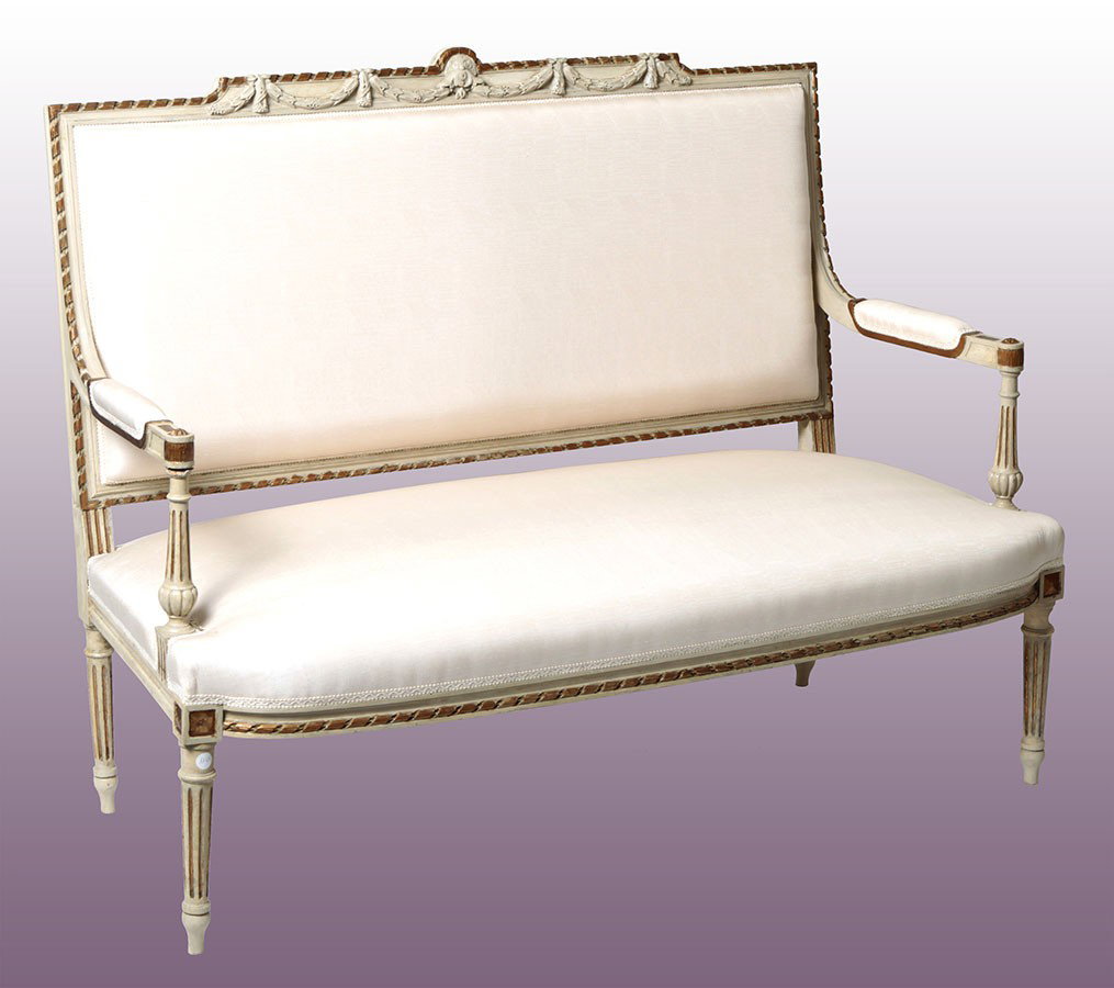 French Louis XVI style small sofa with Rubelli silk, two-seater in lacquered wood