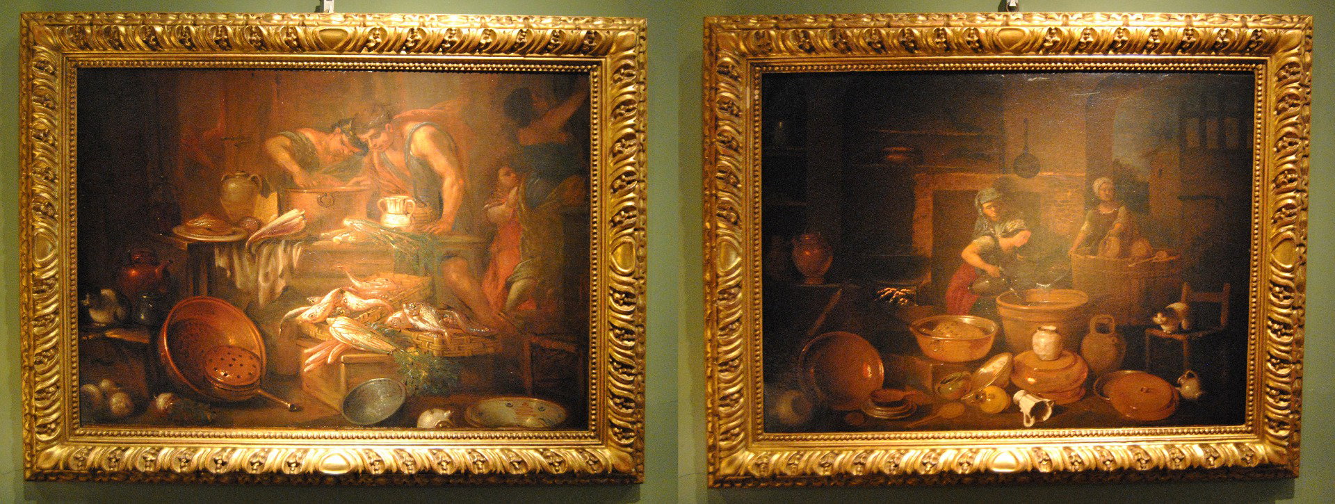 Paio di nature morte interno di cucina con figure di Gian Domenico Valentini  del 700' cm 50 x 70