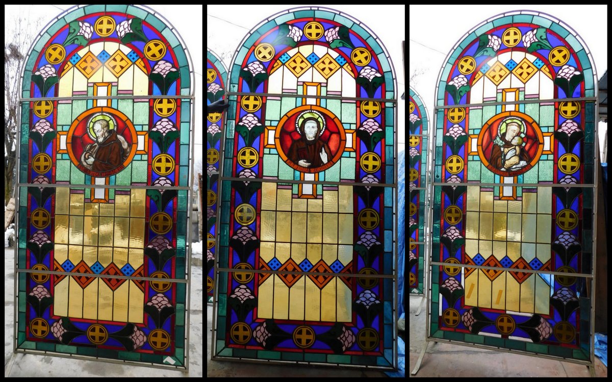 pan371 - n. 3 Art Nouveau stained glass windows, arched, with saints, dimensions cm W 120 x H 248/257