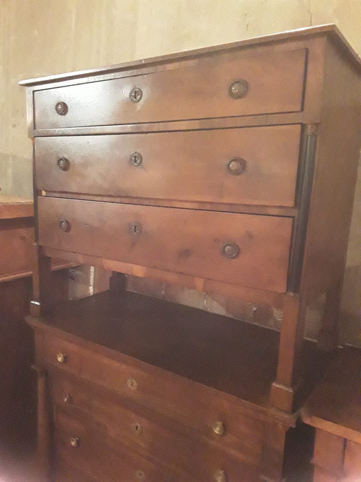 Empire style solid walnut chest of drawers, Emilia region, early 1800s, L114xH93xD53, legal warranty included.