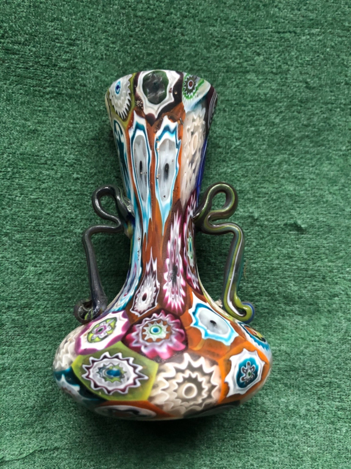 Murrina millefiori vase with two handles. Fratelli Toso manufactory, Murano.
