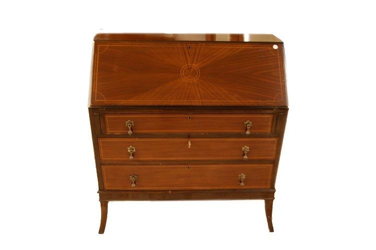 English Victorian-style mahogany fall-front desk from the 1800s with geometric inlay