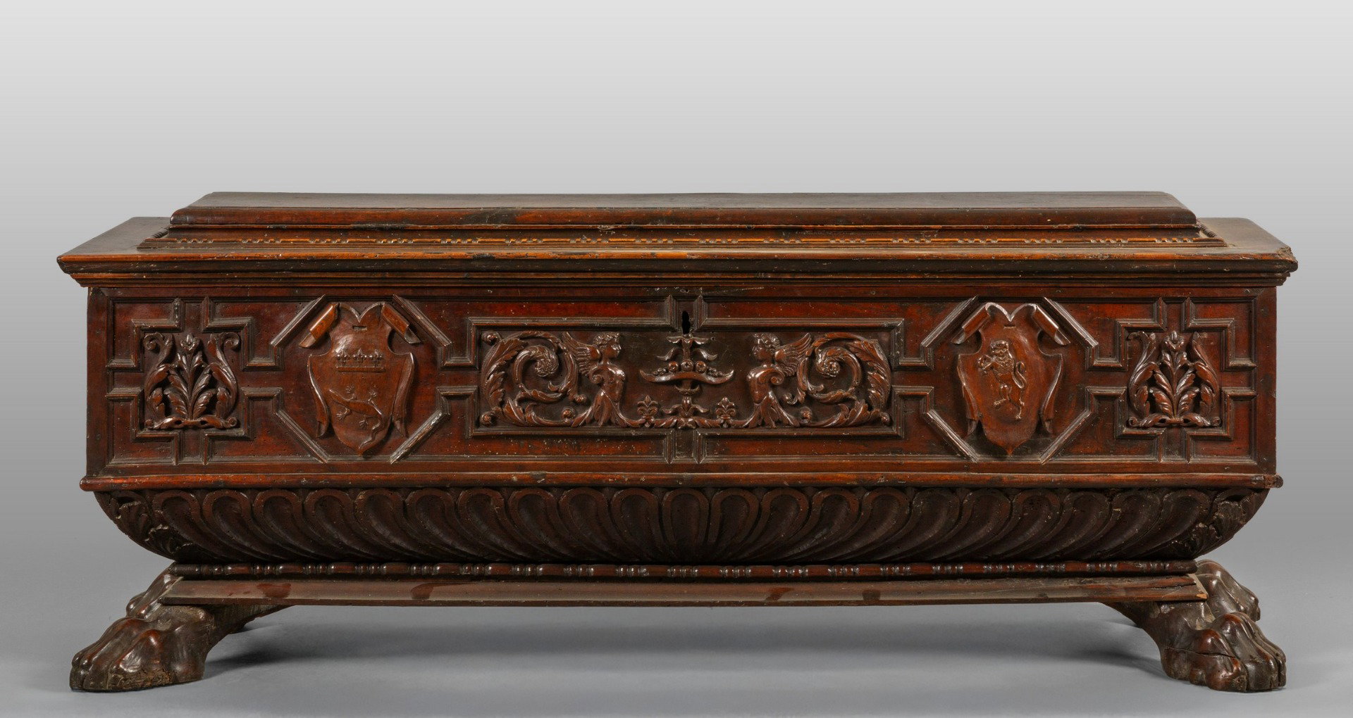 Projecting carved walnut chest, Northern Italy, 16th century