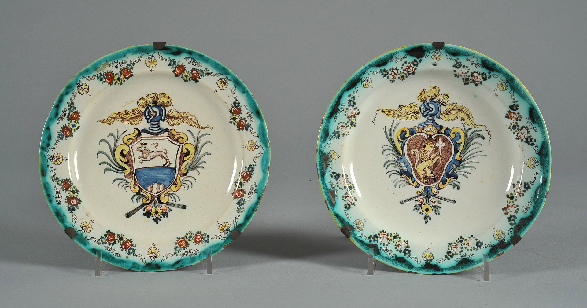 Two of four polychrome decorated ceramic plates, Savona late 18th early 19th century