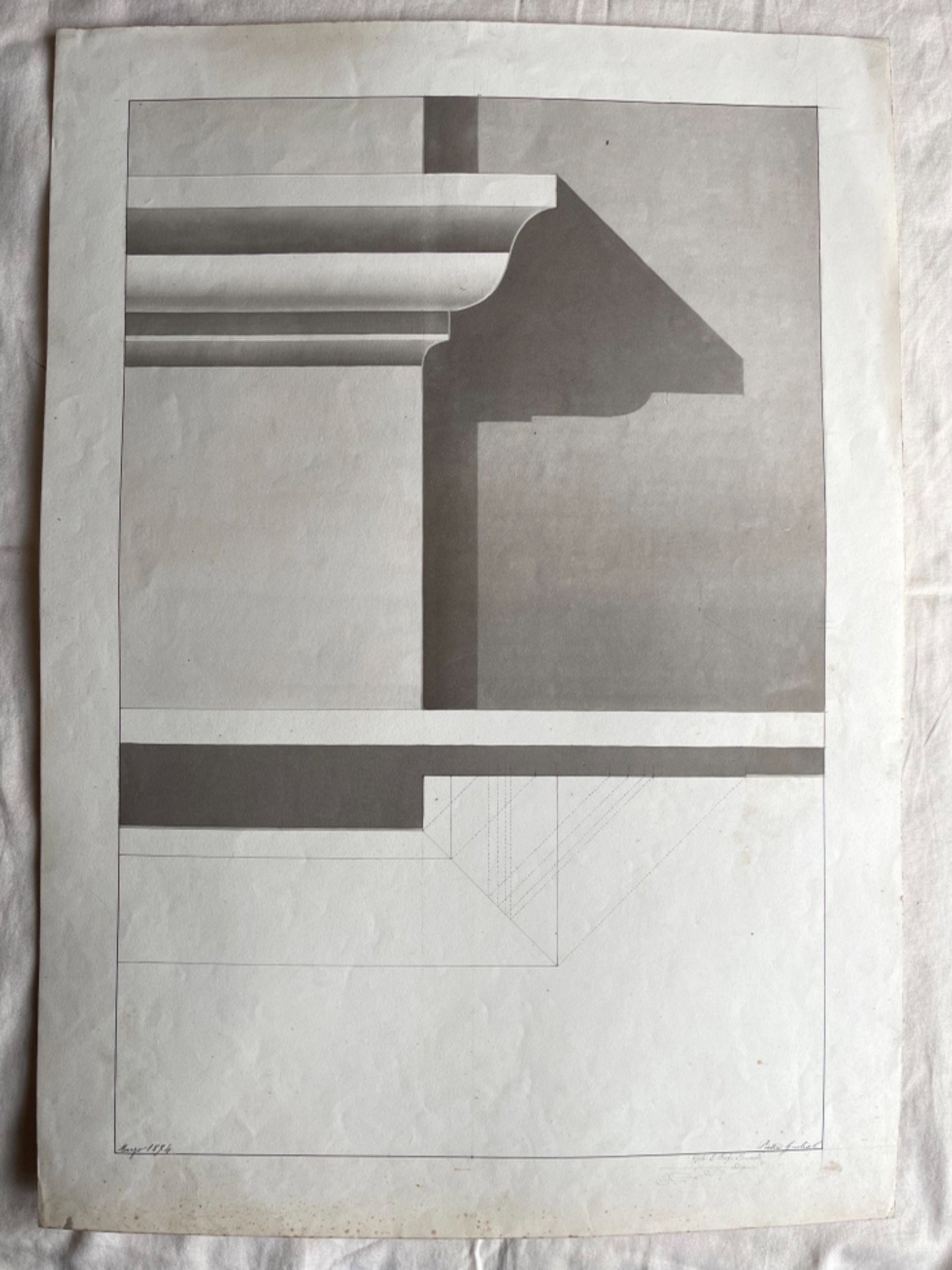 Aquarellierte Bleistiftzeichnung auf Papier, die Schattenstudien auf einem Gesims darstellt. Signiert Giulio Pietra. 1874.