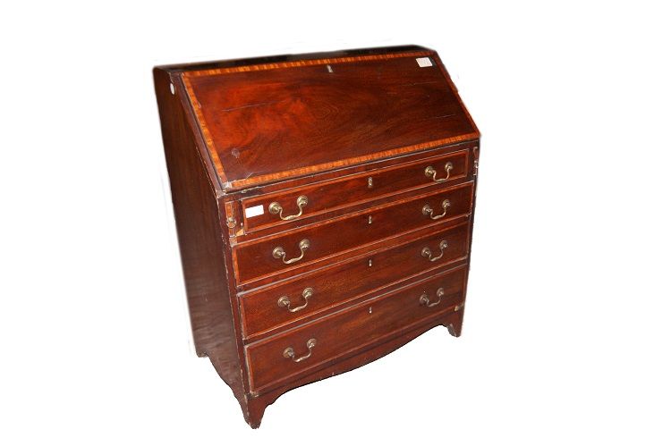 Victorian-style English drop-front desk from the 1800s in mahogany with inlaid thread