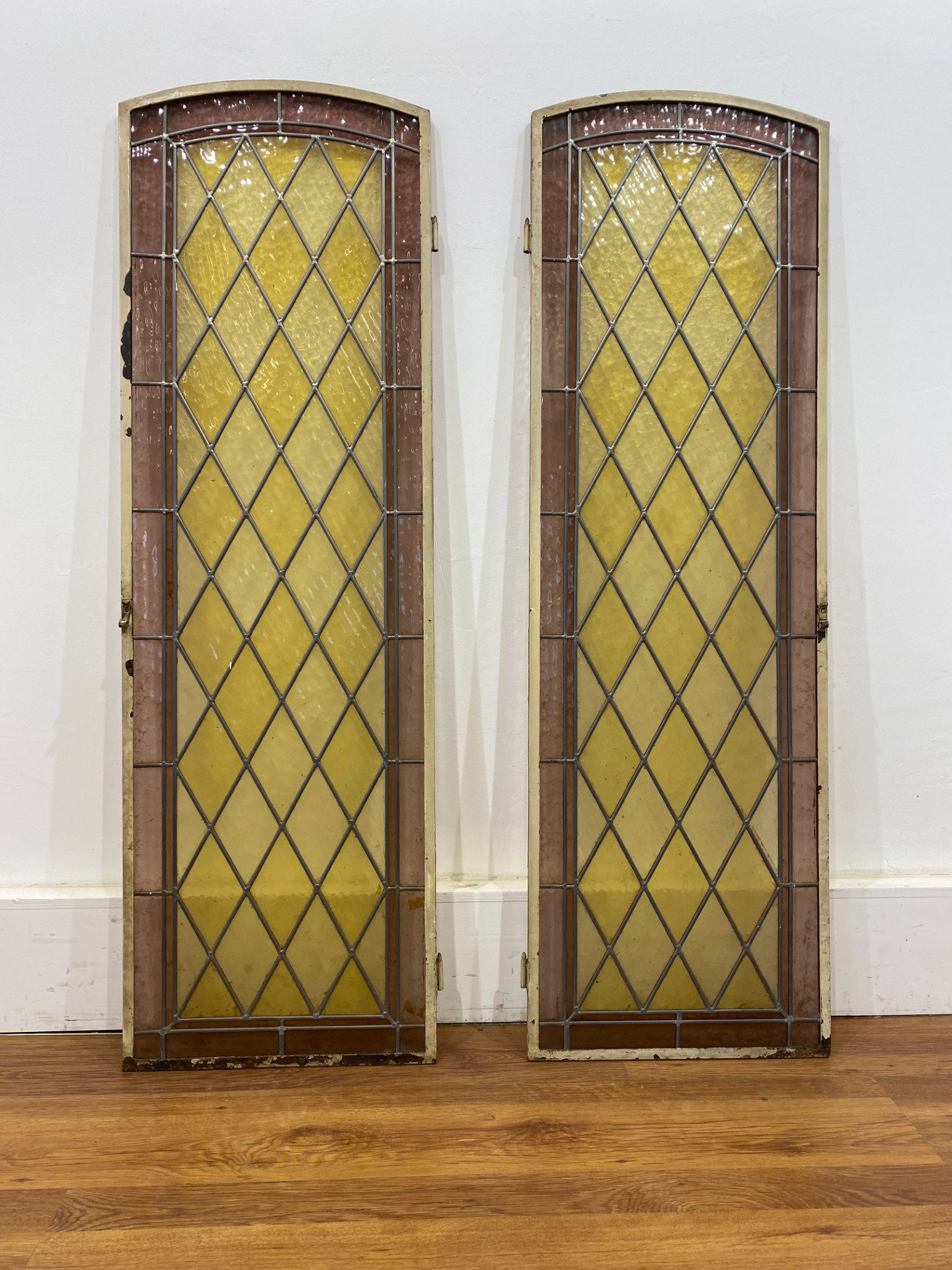 Pair of leaded cathedral stained-glass windows early 1900s - 142 x 44 cm