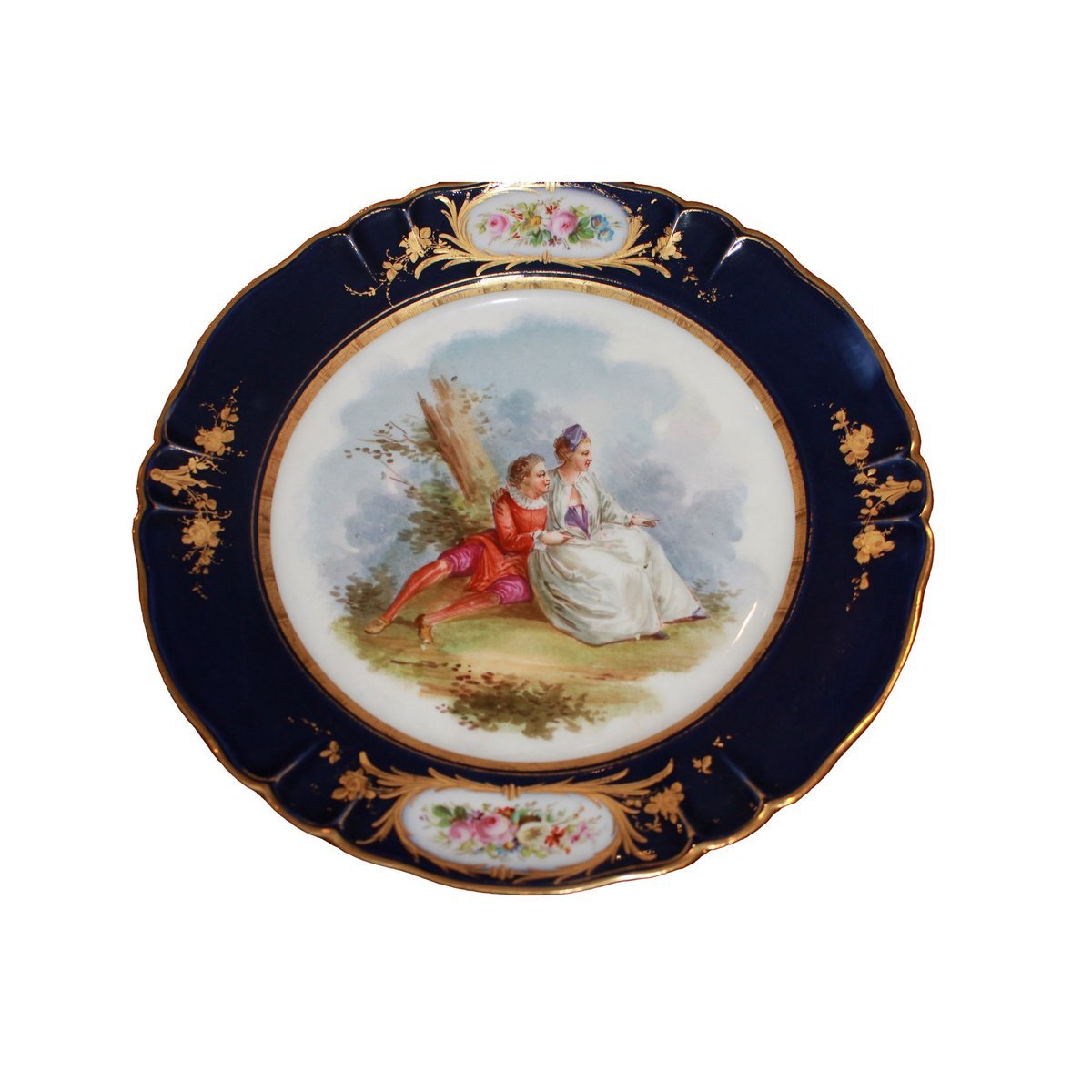 5 assi francesi in porcellana blu cobalto di Sèvres - Scena galante con decorazioni dorate