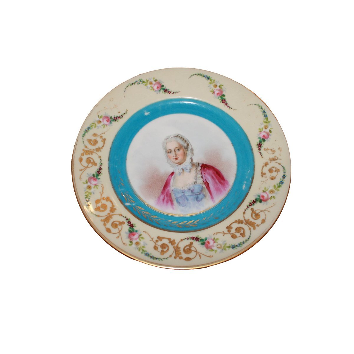Assiette française en porcelaine avec portrait de Madame de Pompadour, XIXe siècle