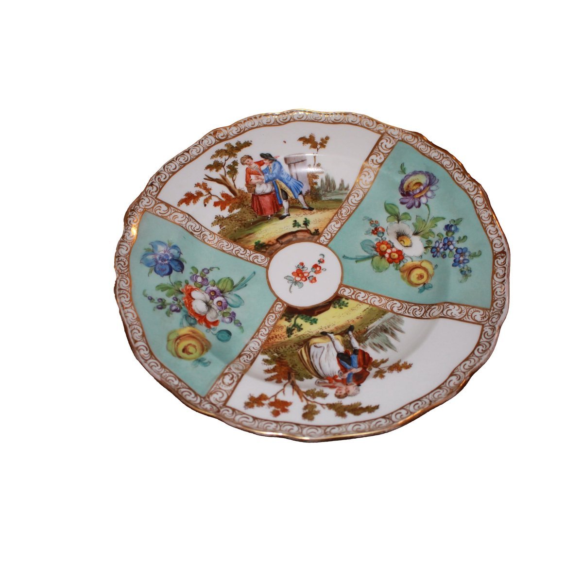 Assiette en porcelaine de Meissen décorée de scènes galantes et de fleurs, XIXe siècle