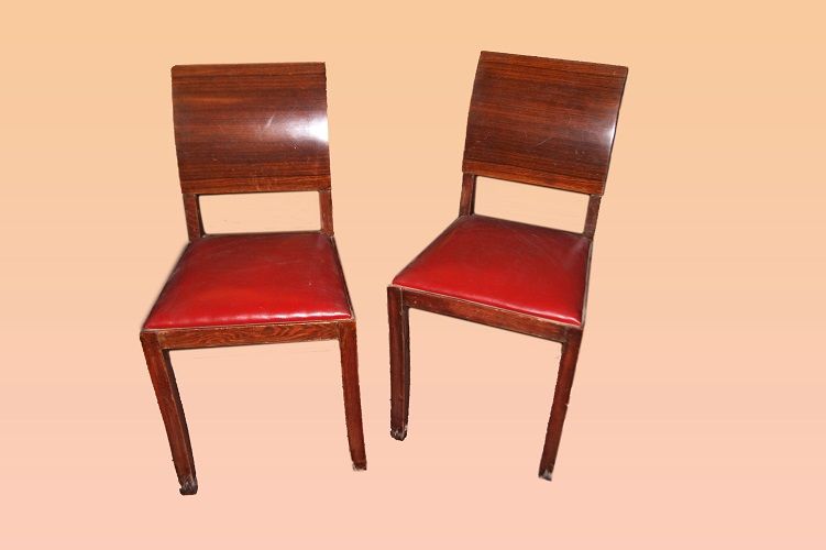 Grupo de 6 sillas estilo Decó italianas en madera de palisandro y asiento de cuero