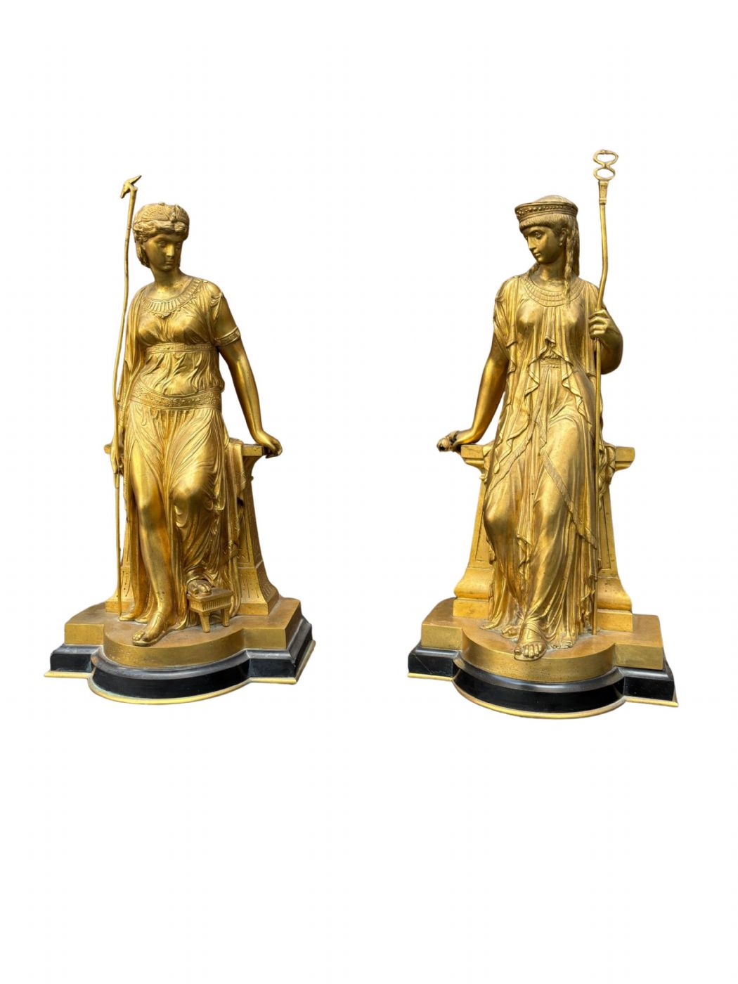 Pair of gilded bronze and marble sculptures signed and dated "Bouret 1872"
