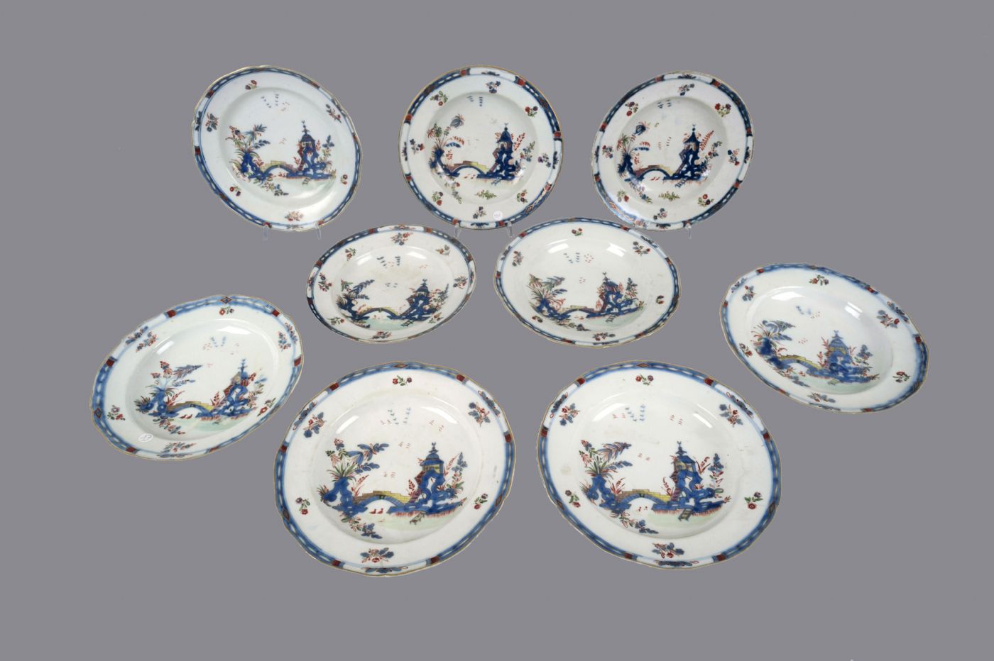Venice, Geminiano Cozzi, 9 soup plates, "anchor" mark on the bottom, 18th century