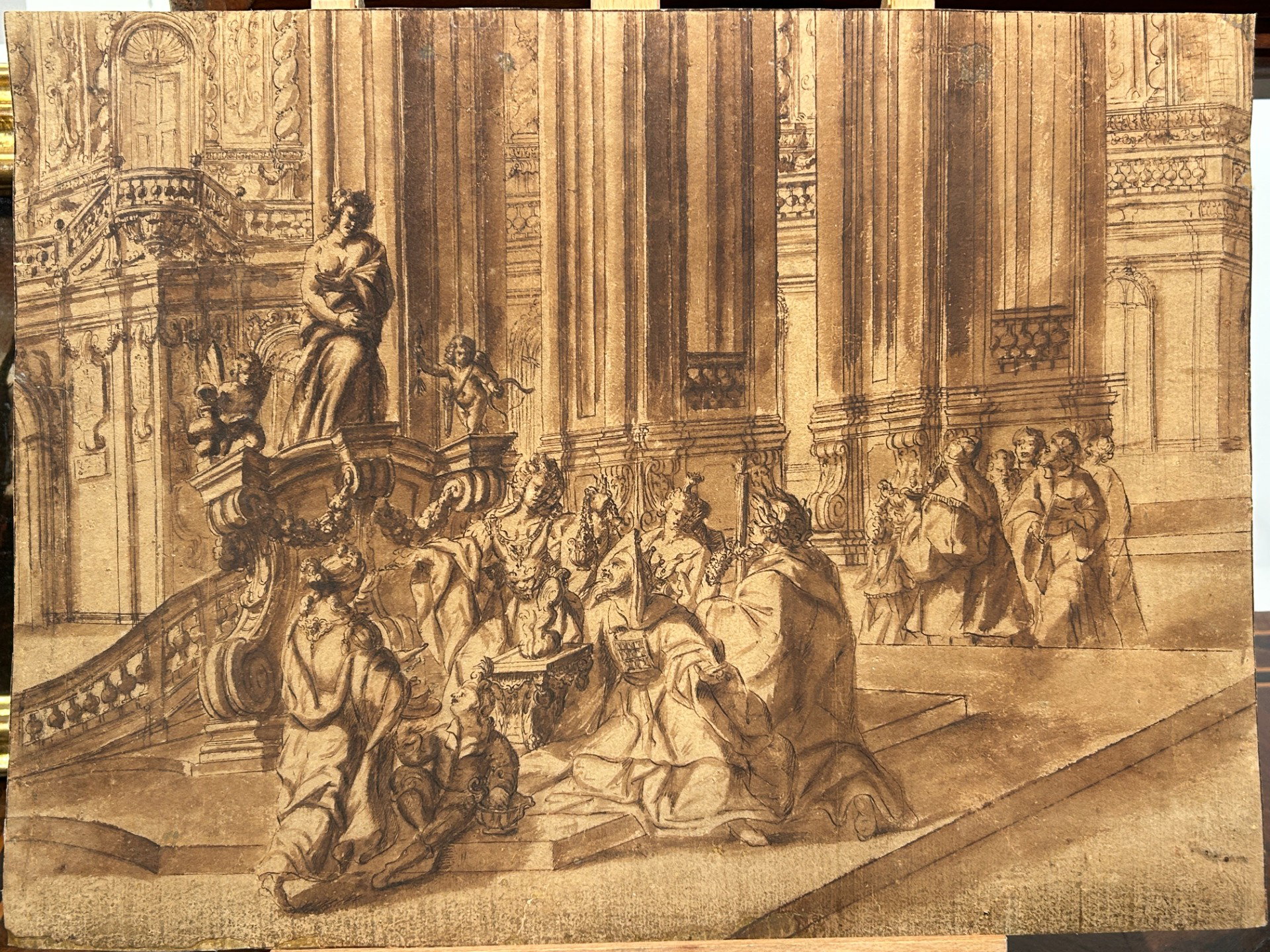 Dibujo preparatorio a tinta sobre papel. Cuadraturista septentrional del siglo XVIII.