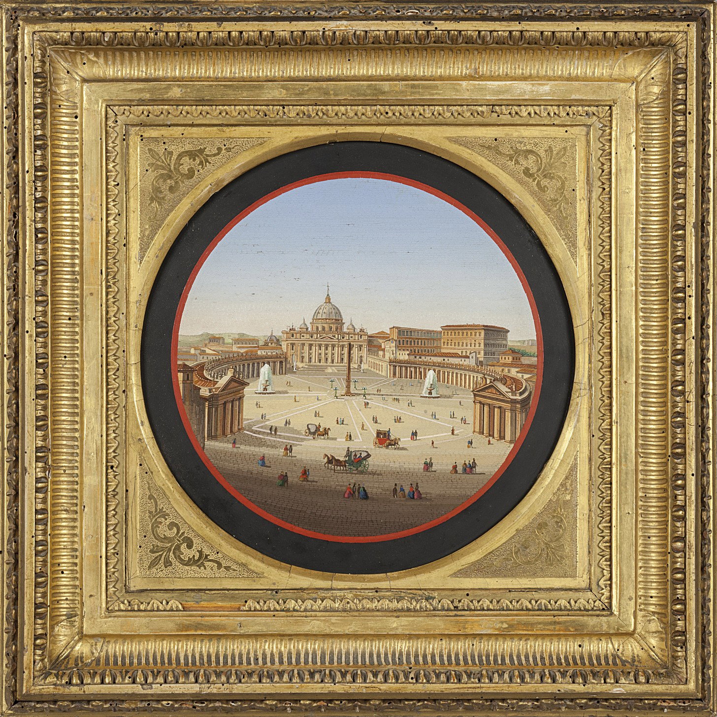 Piazza San Pietro animata da figurine e carrozze, micromosaico di forma rotonda, inizi secolo XIX