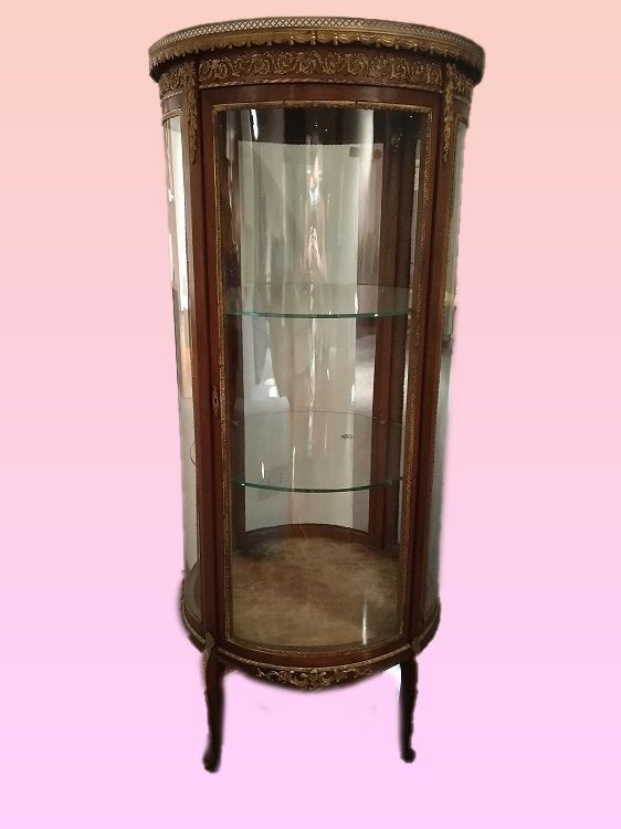 Französische runde Vitrine aus dem 19. Jahrhundert im Übergangsstil mit Bronzen und rotem französischem Marmor