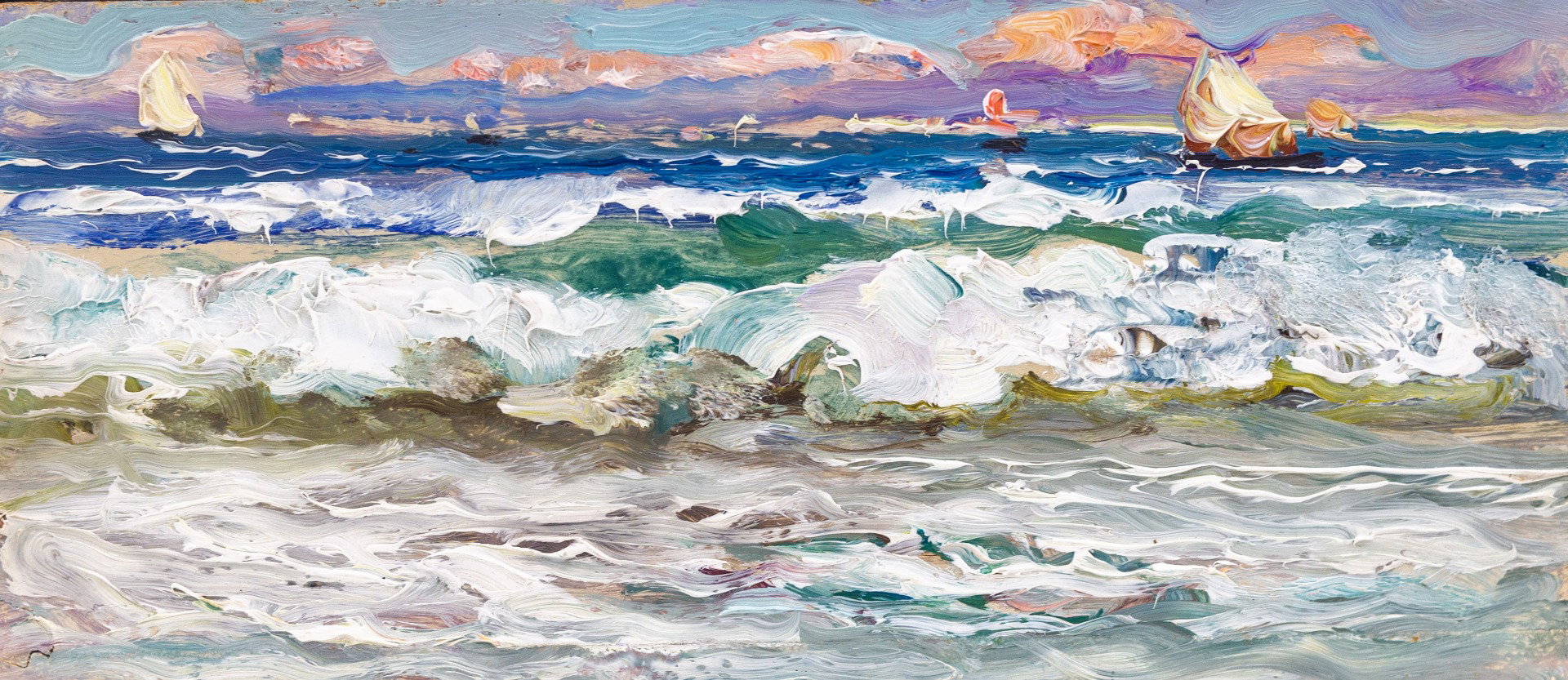 Fausto Pratella, olio su tavola, "Scene Marine", firmato, primi del '900