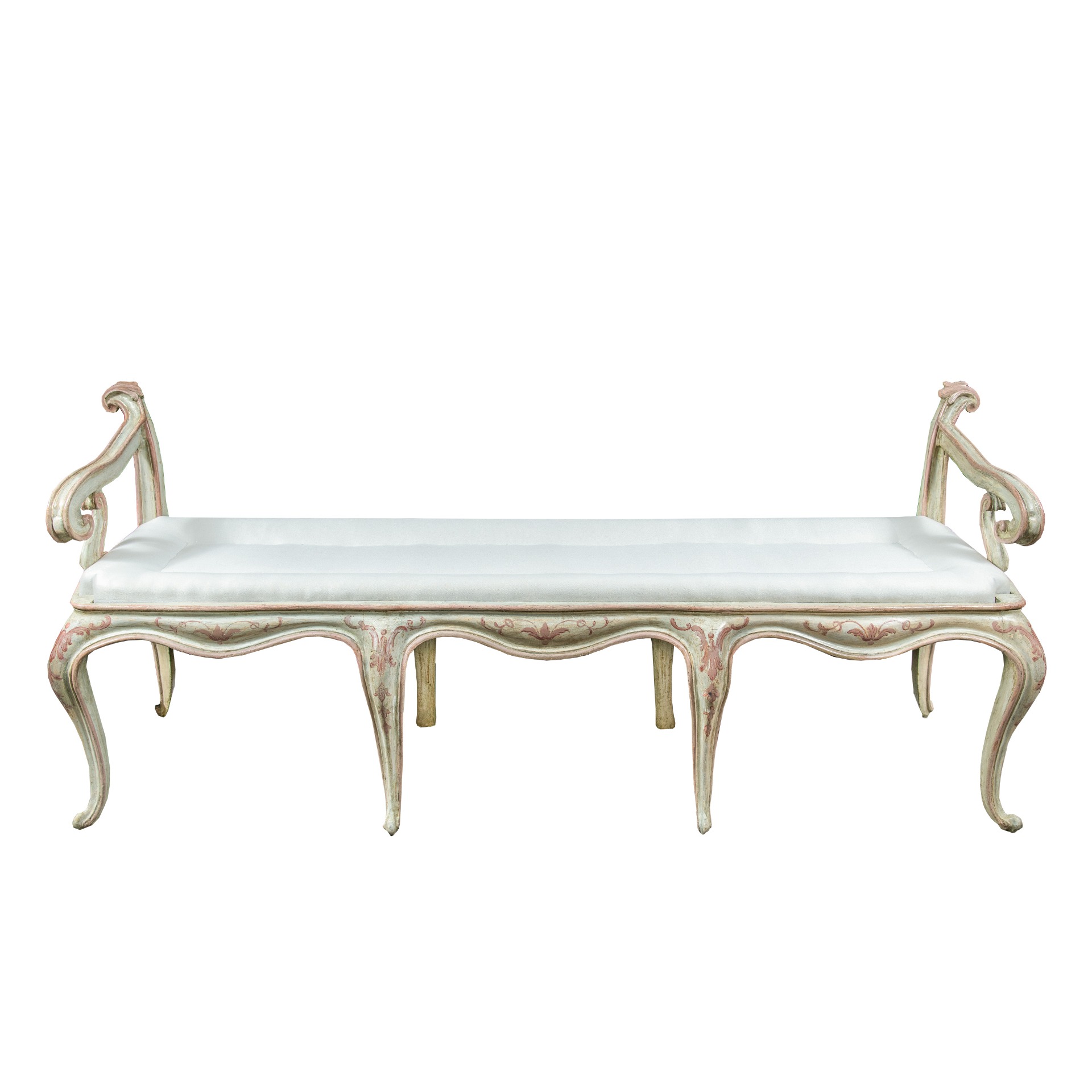 Carved wooden wall bench, lacquered and painted. Venice, 18th century.

176 x 52 x h 74 cm.