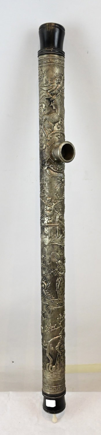 Pipa Cinese con rivestimento in Metallo Argentato e finiture in Corno e in Osso - XIX Secolo