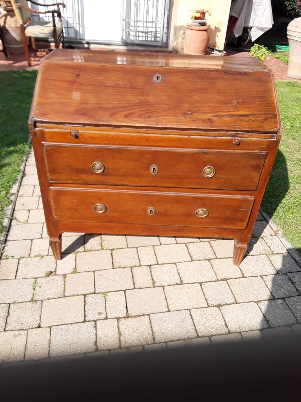 Directory flap chest of drawers in solid cherry wood, 2 drawers, truncated pyramidal leg, tapered and fluted; L100xP52xH95, legal guarantee.