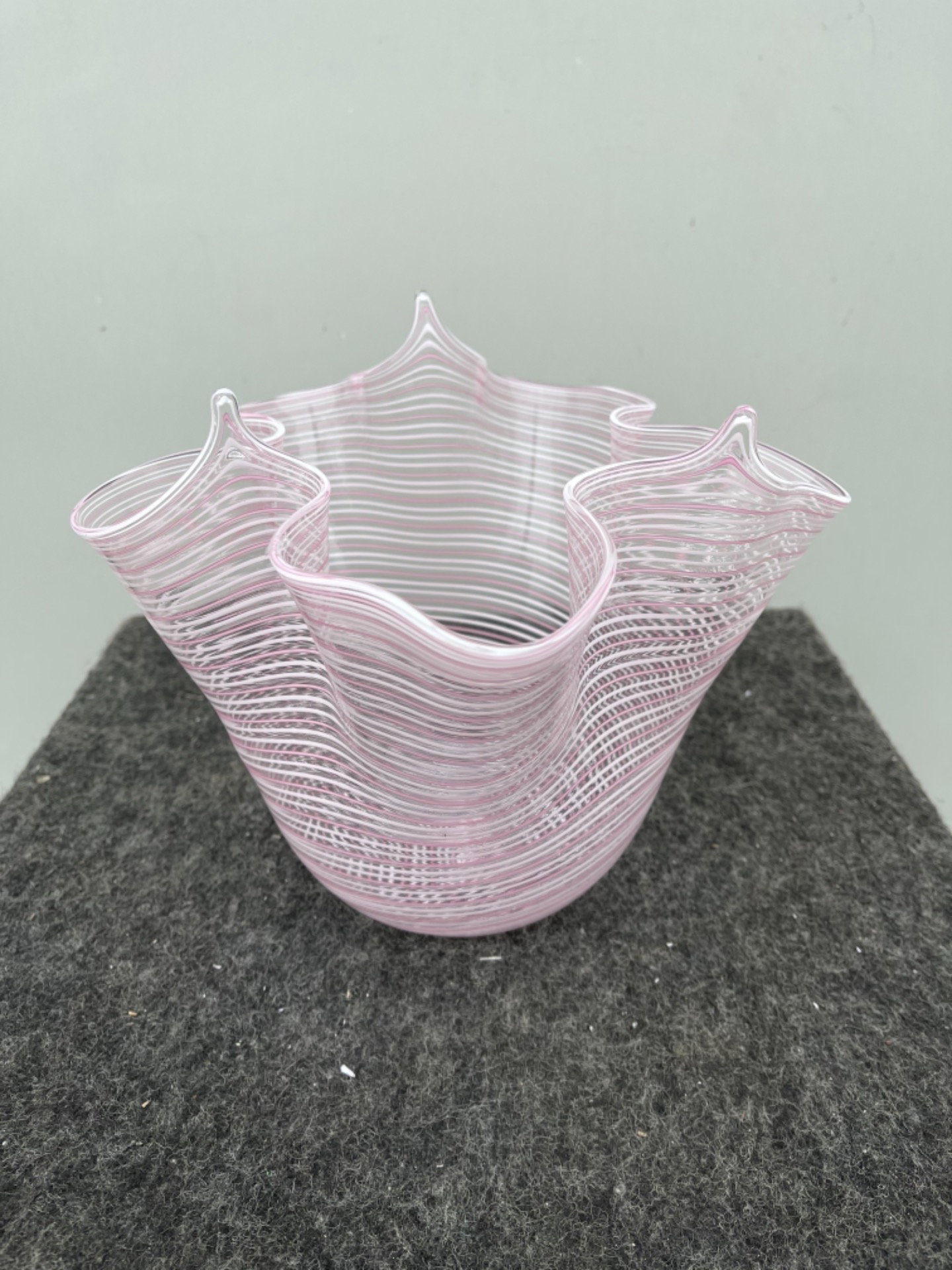 Filigree glass handkerchief vase in milk-white and pink colors. Murano. A.Ve.M.