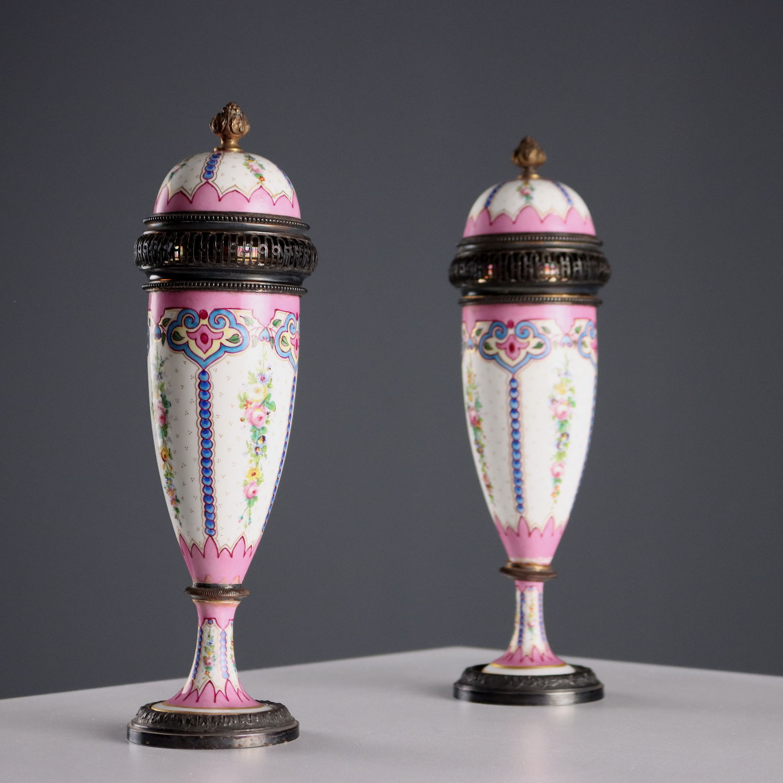 Pair of Silver and Limoges Porcelain Perfume Burners