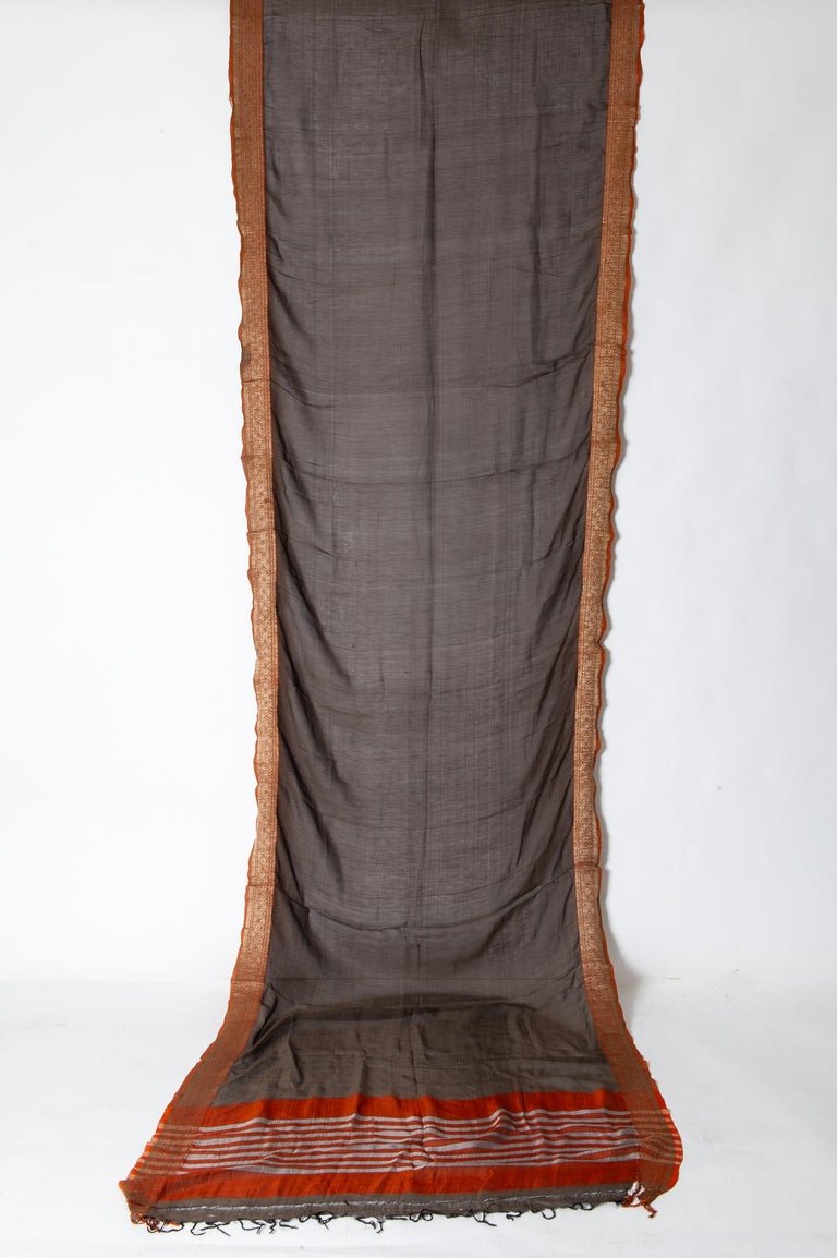 Antique Indian Sari, brown color, brick red and gold border - B/1524