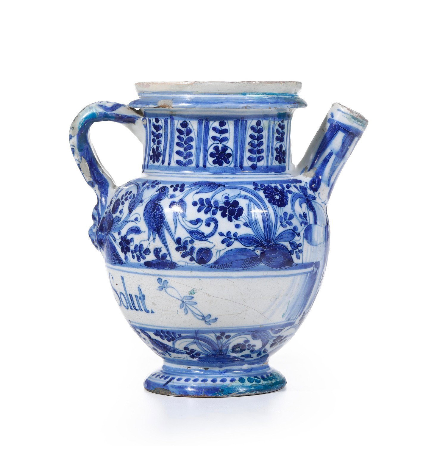 Maiolica pharmacy jar or chervette with blue and white decoration, Savona, mid-17th century