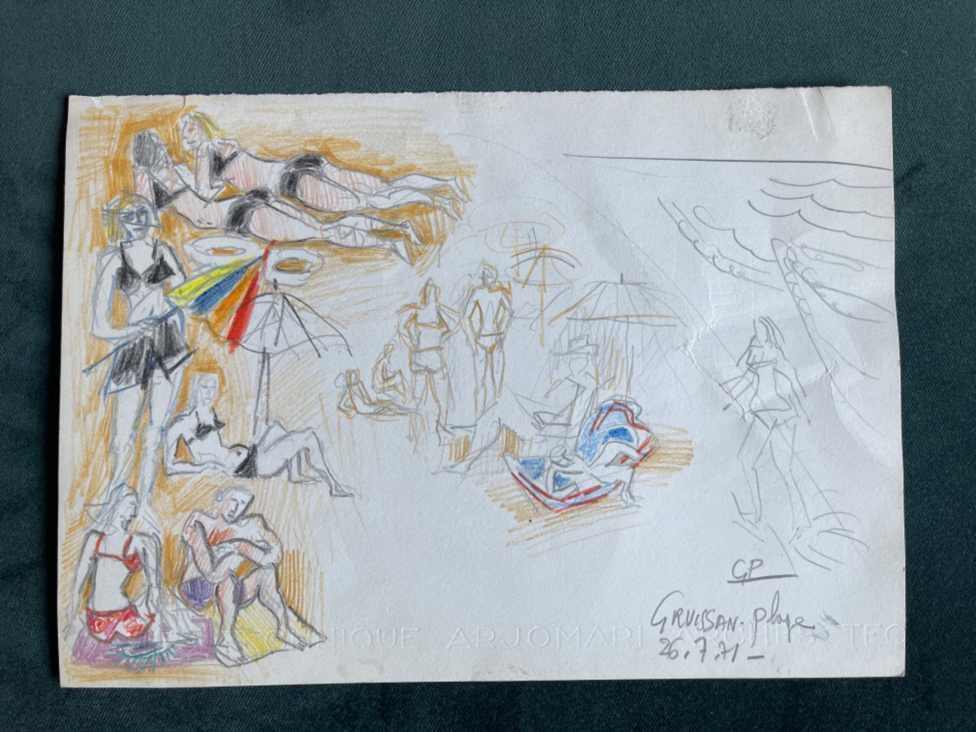 Pastellskizze auf Karton mit Strandfiguren. Autor: Gabriel Paris (1924-2000). Frankreich.