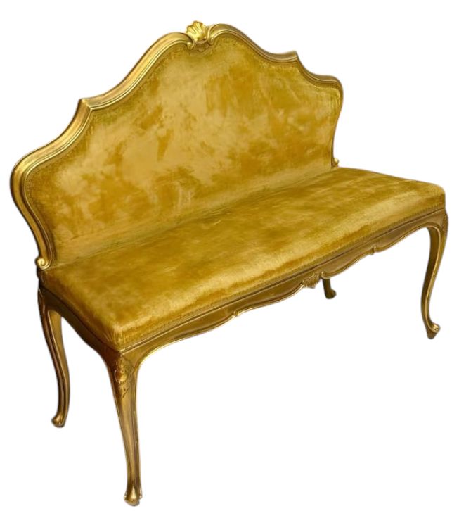Divã Antigo do Início do Século XX – 2 Lugares – Entalhado e Dourado – Veludo Ouro – Itália