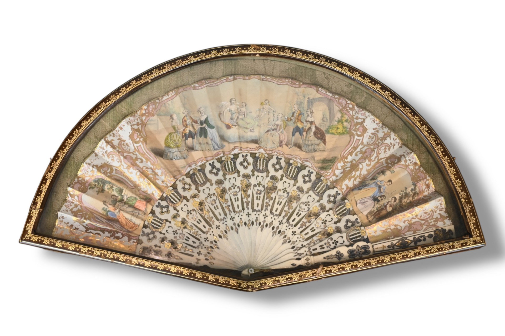 Ventaglio Dipinto a Mano Con stecche in Osso intarsiate in Argento e Dorature - Fine XVIII Secolo