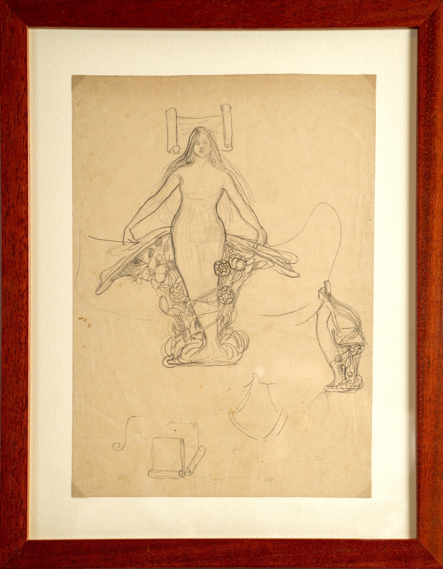 Female figure with cartouche and motifs, Rubaldo Merello, pencil on paper