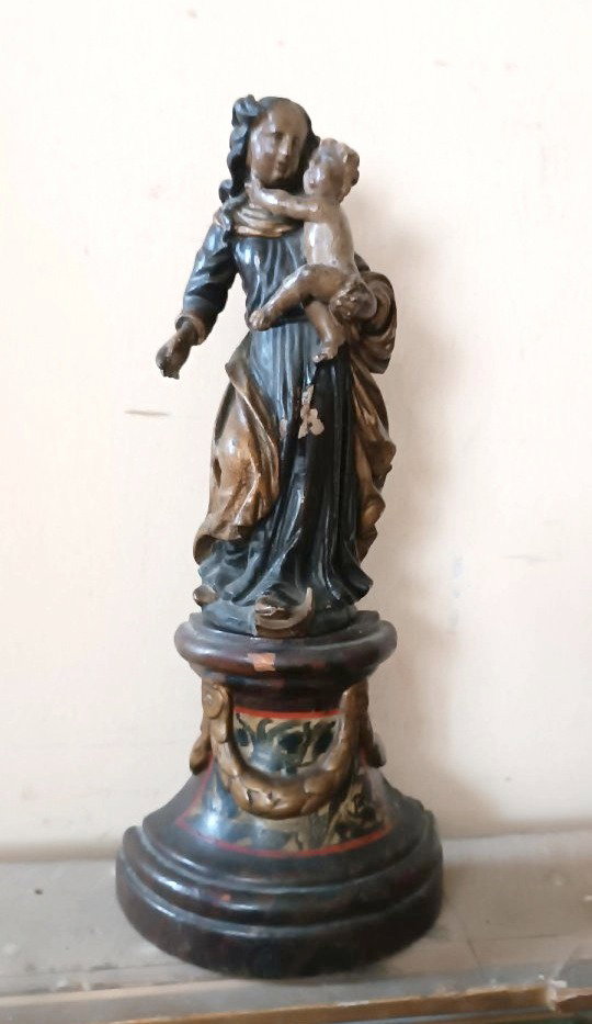 Antica scultura policroma in legno barocco ,madonna con bambino